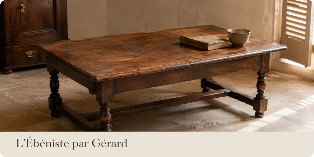 Table basse ancienne en bois massif restaurée à la cire, patine d'origine préservée dans un salon du Sud-Ouest