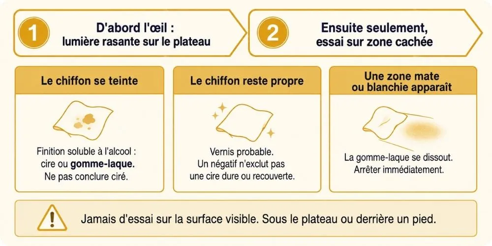 Test de solubilité à l'alcool sur table basse en bois et piège de la gomme-laque en restauration