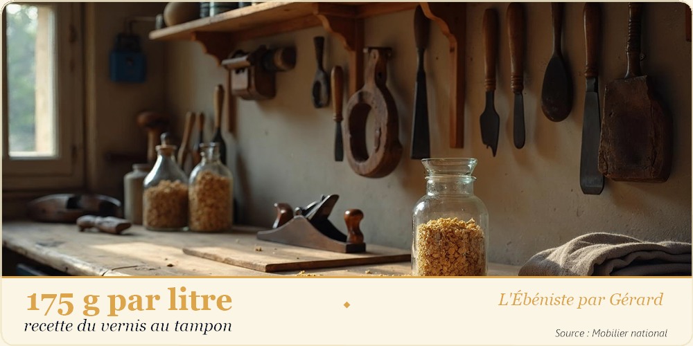 Bocal de paillettes de gomme laque et rabot sur l'établi patiné d'un atelier d'ébéniste
